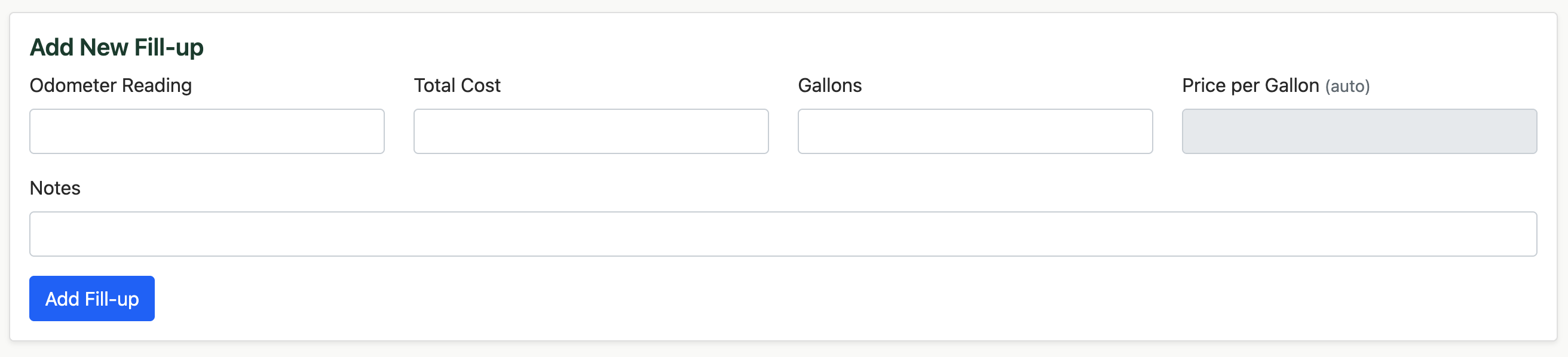Fill-up form with odometer, cost, and gallons fields