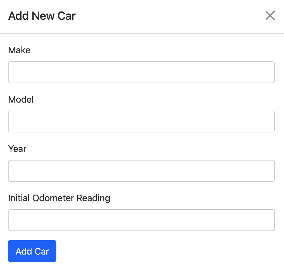 Add Vehicle modal with make, model, year, and odometer fields