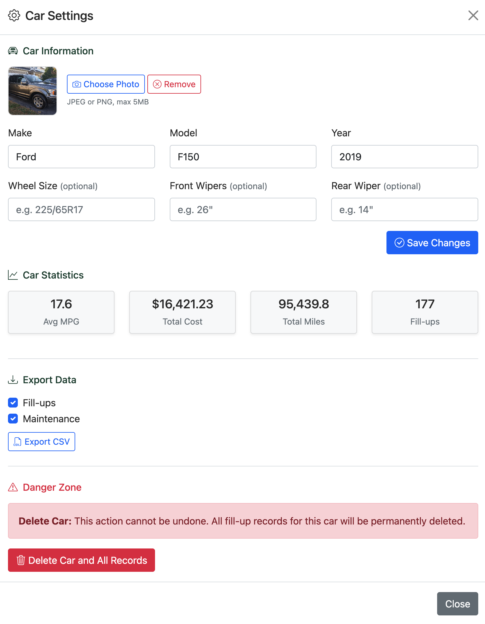 Car Settings showing vehicle photo and specs fields