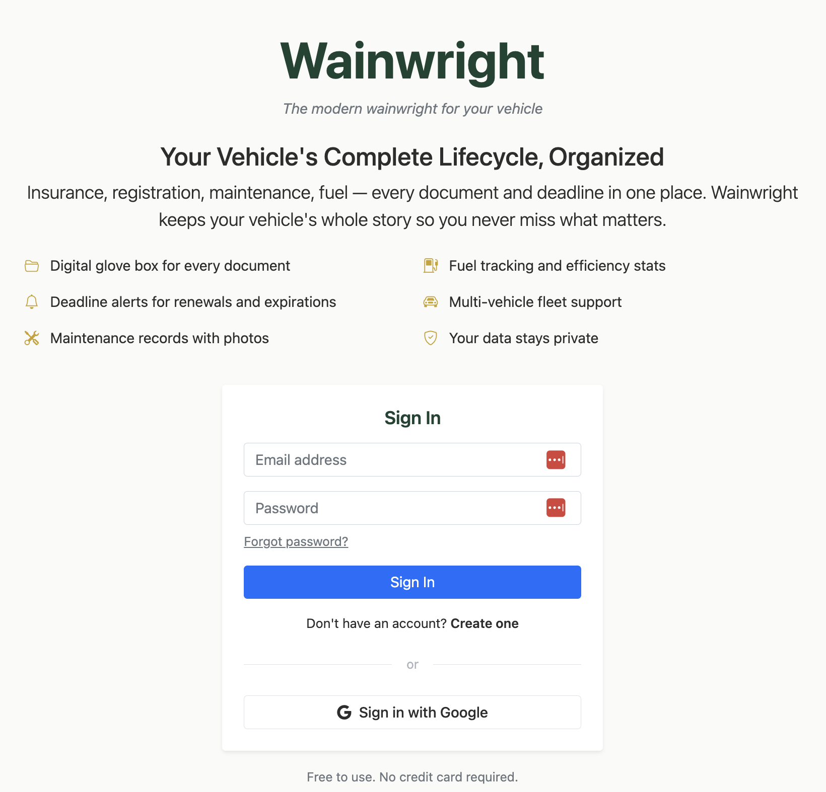Login screen showing Google OAuth button and email/password form