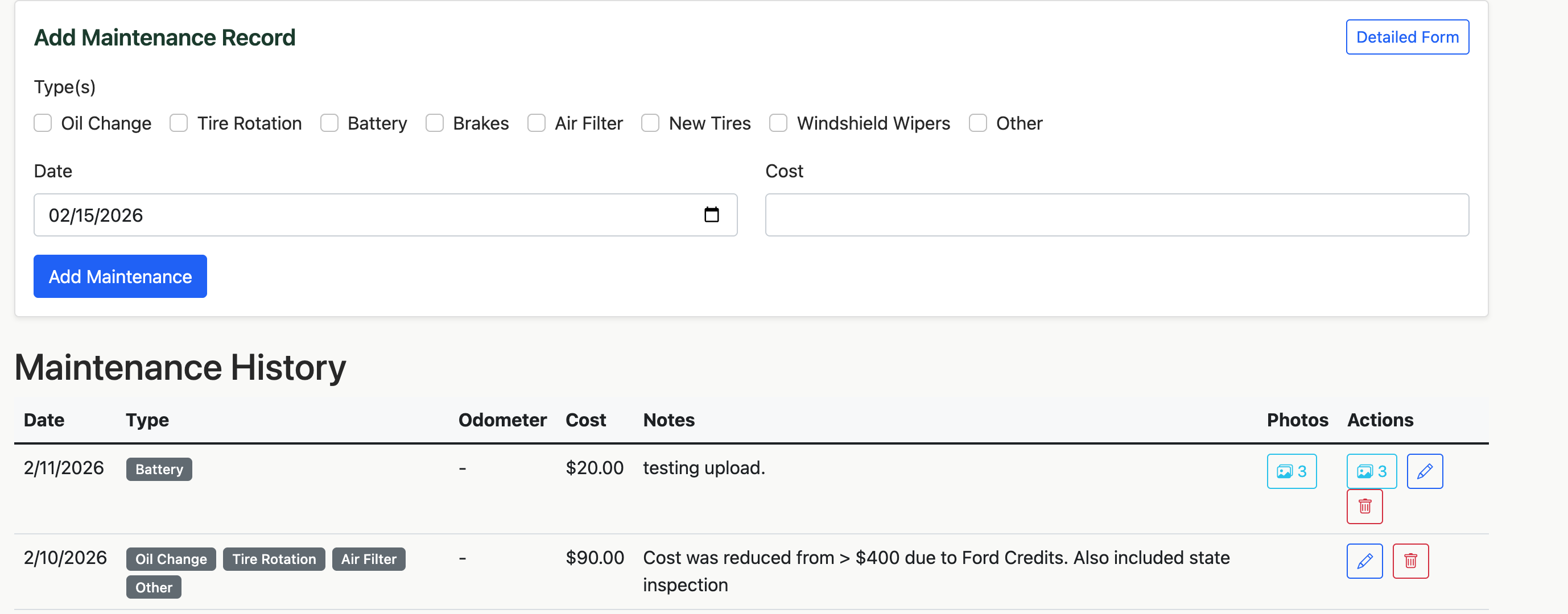 Maintenance quick form showing type checkboxes, date, and cost