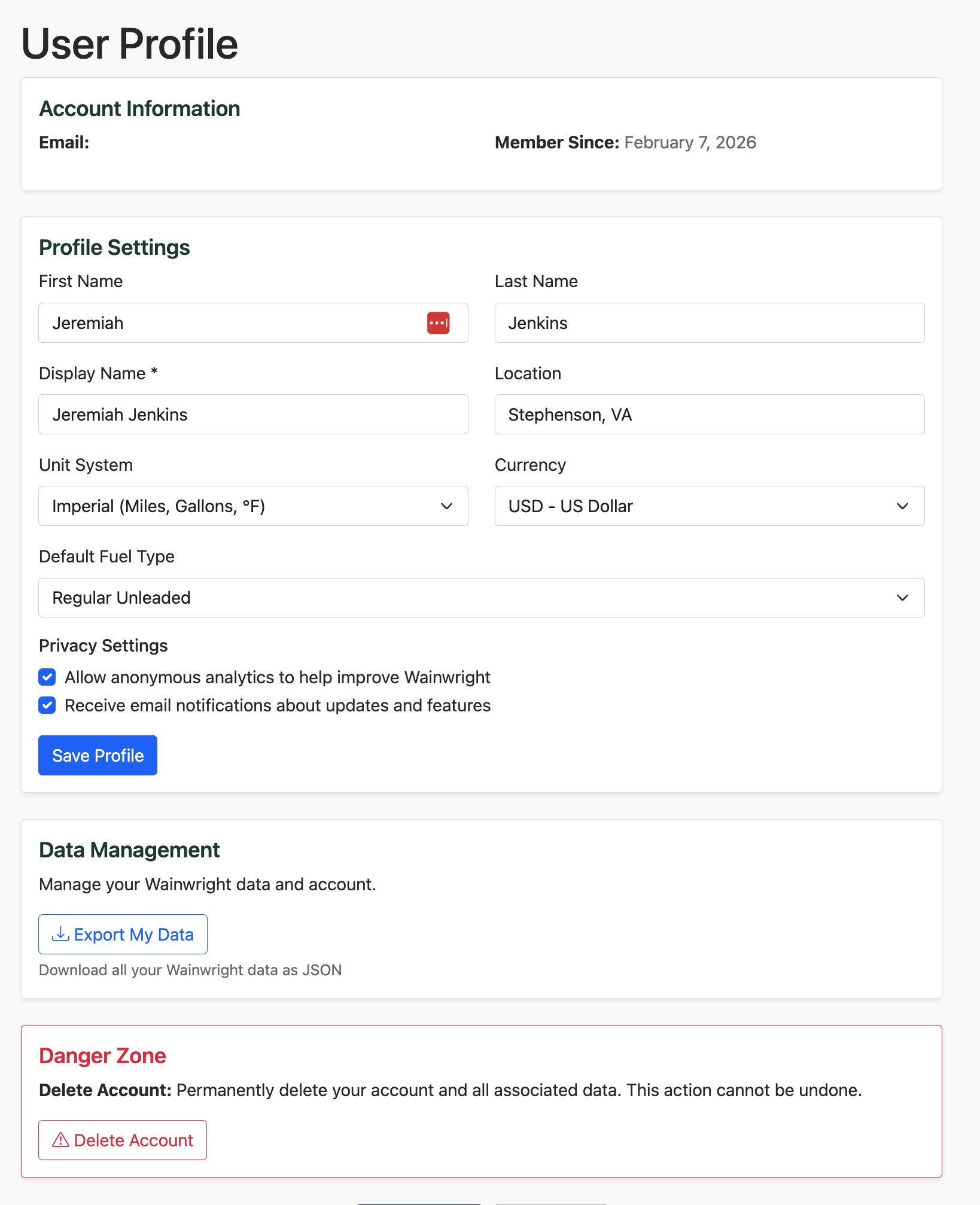 Profile settings page showing unit system toggle, currency selector, and fuel type dropdown