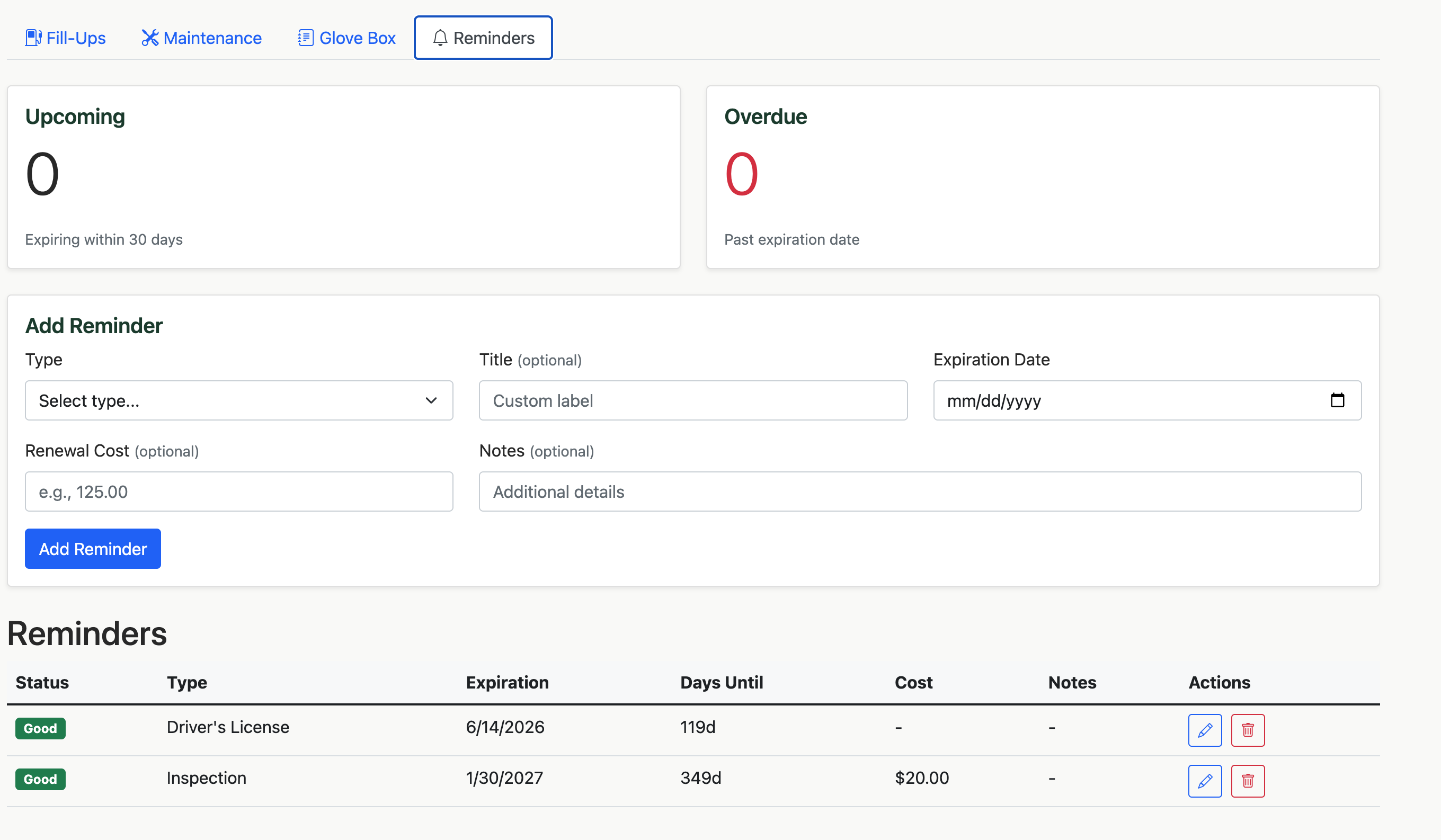 Reminders tab showing overview cards and reminder list with status badges